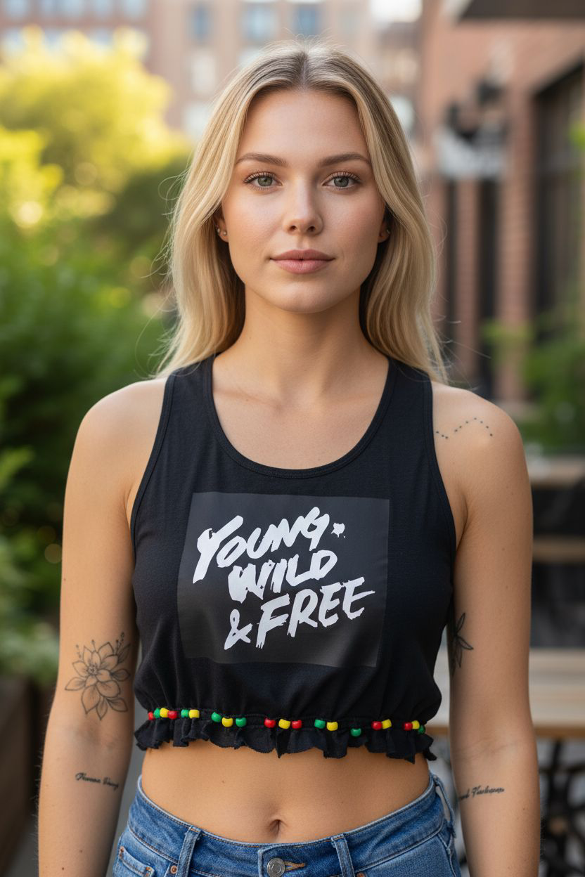 Young & wild & free beaded fringe crop top