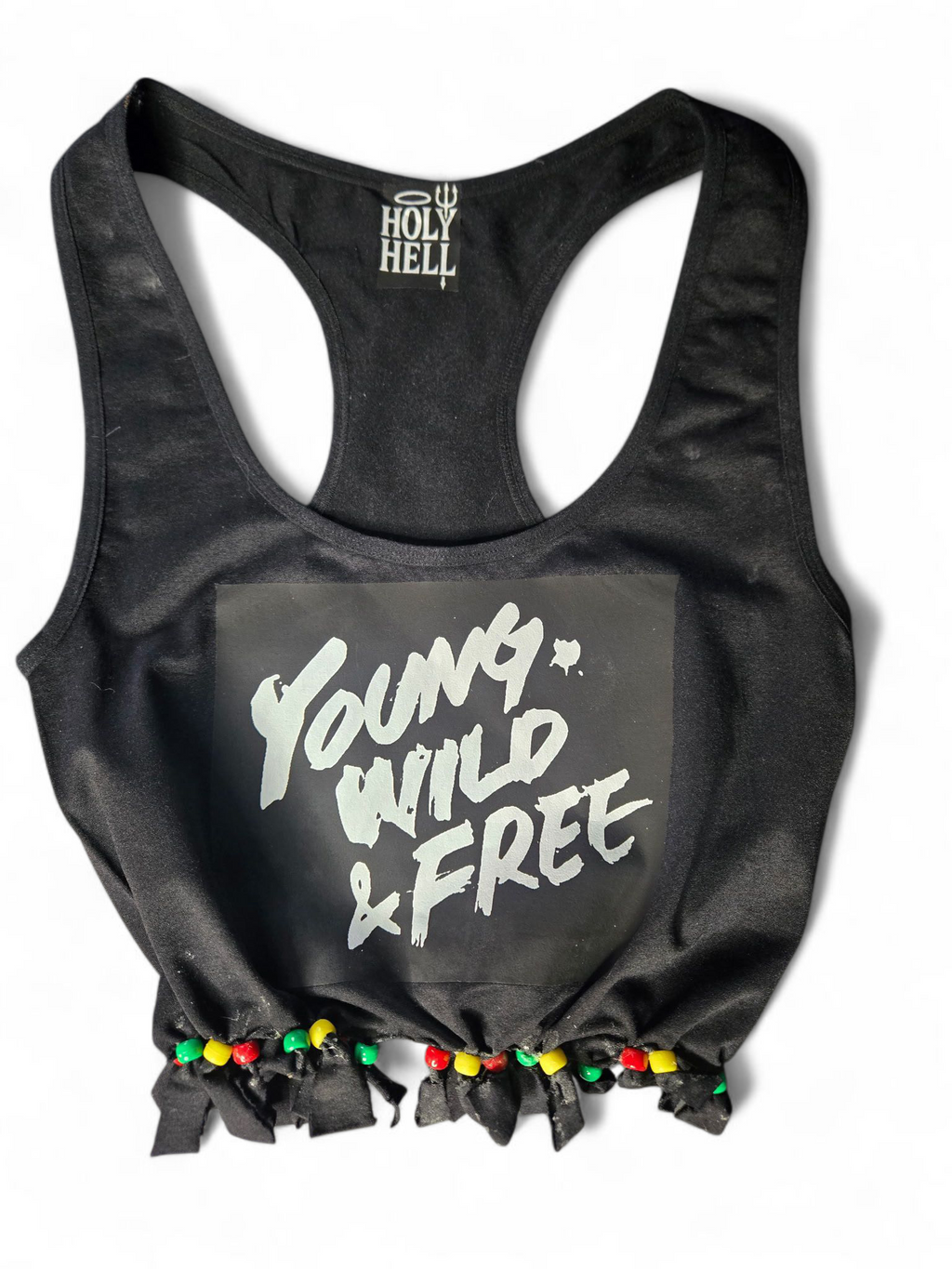 Young & wild & free beaded fringe crop top