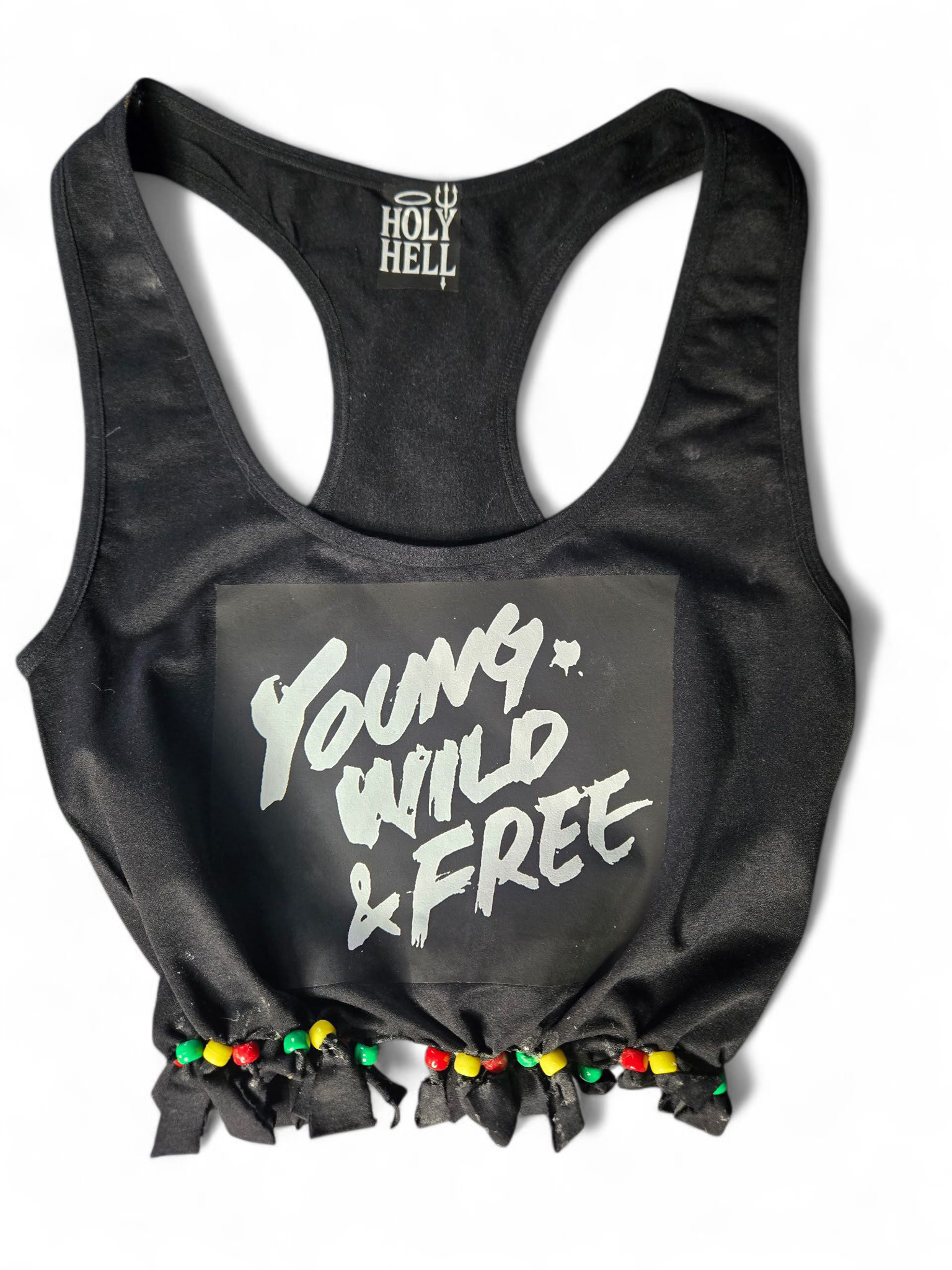 Young & wild & free beaded fringe crop top